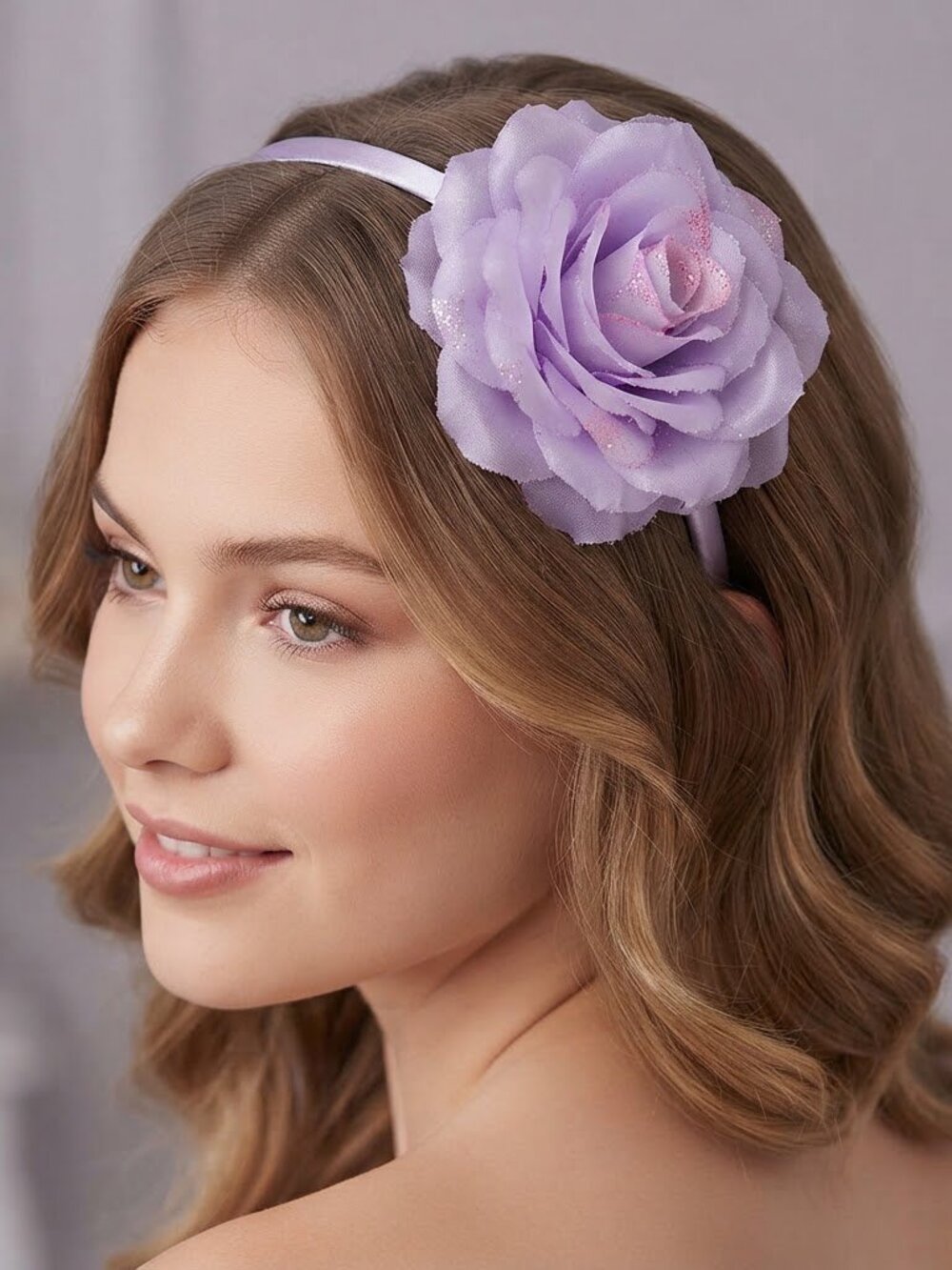 Lavender Purple Satin Flower Headband Large Rose Glitter Accent Hair Accessory
